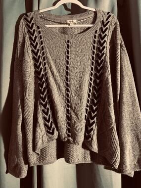 Style & Co. Open-Knit Semi-Crop Crewneck Sweater w/ Bell Sleeves Gray Black XL